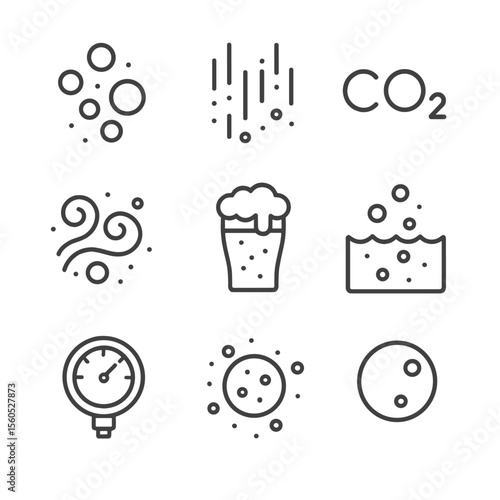 Carbonation Icon Set. Outline icon set of carbonation elements: bubble cluster, fizz lines, CO₂ molecule, effervescence swirl,