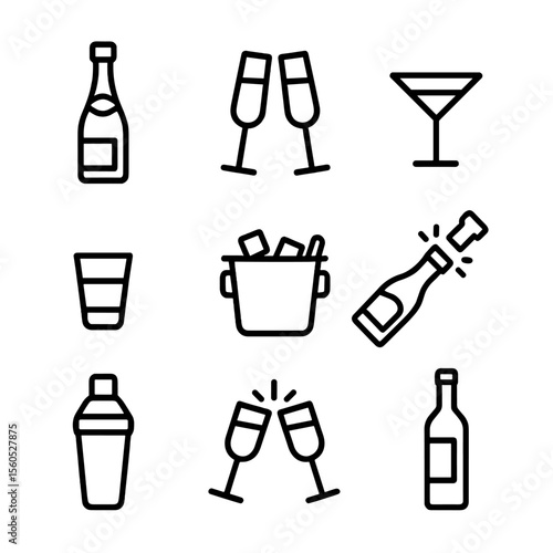 Drinkware Icon Set. Outline icon set of Toast and drinkware essentials: champagne bottle, champagne flutes, cocktail glass, shot