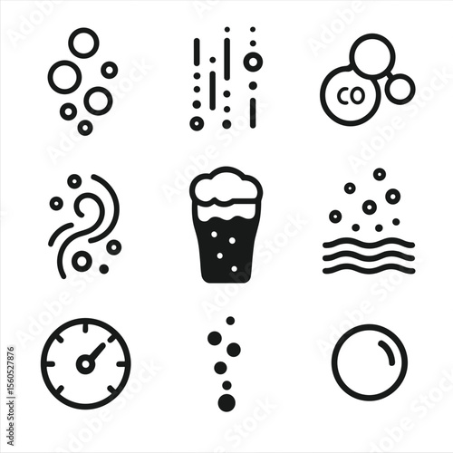 Carbonation Icons Grid. Flat icon set of carbonation elements: bubble cluster, fizz lines, CO₂ molecule, effervescence swirl, foam