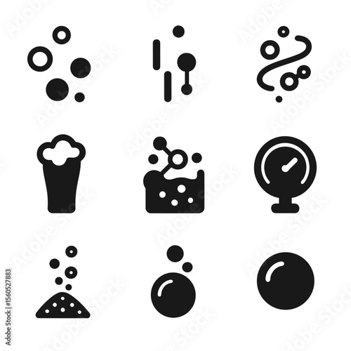Carbonation Icon Grid. Solid, Filled icon set of carbonation elements: bubble cluster, fizz lines, CO₂ molecule, effervescence