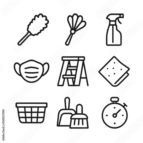 Dusting Essentials Icons. Outline icon set of dusting essentials for bookshelves: microfiber duster, feather duster, spray bottle,