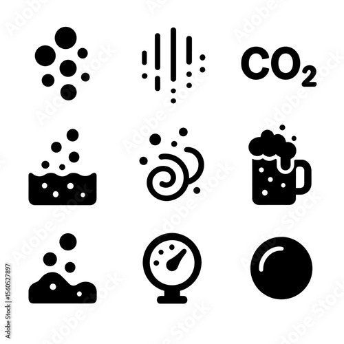 Carbonation Icon Grid. Solid, Filled icon set of carbonation elements: bubble cluster, fizz lines, CO₂ molecule, effervescence