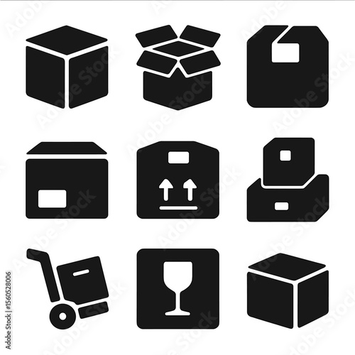 Cardboard Box Icons. Solid, filled icon set of cardboard boxes: closed box, open box, taped box, box with label, box with arrows,