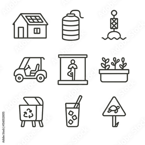 Eco Island Icon Set. Outline icon set of eco-luxe island retreat: solar-roof villa, rainwater tank, reef buffer buoy, electric
