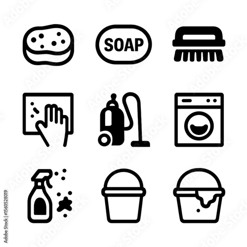 Cleaning Tools Icons. Solid, filled icon set of cleaning coffee stains: sponge, soap, brush, detergent bottle, wiping cloth,