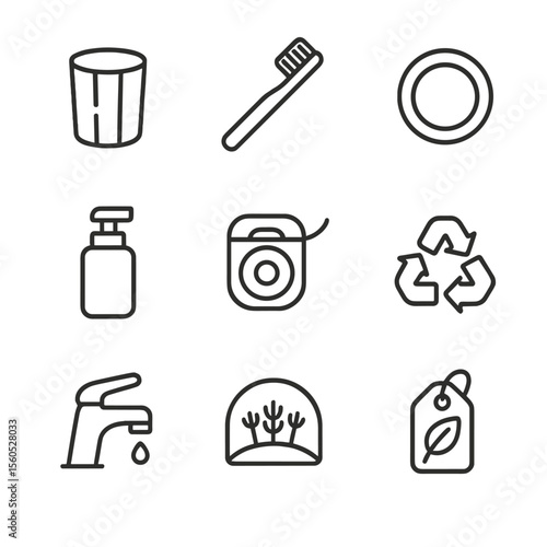 Eco Oral Care Icons. Outline icon set of eco-friendly oral care holder: bamboo cup, biodegradable brush slot, cork base ring,