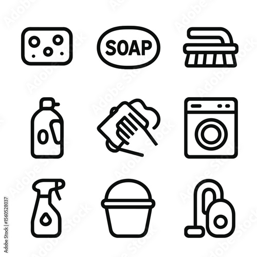 Cleaning Tools Icons. Solid, filled icon set of cleaning coffee stains: sponge, soap, brush, detergent bottle, wiping cloth,