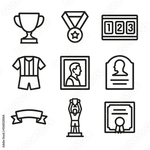 Historic Victory Icons. Outline icon set of historic victory memorabilia: vintage trophy, retro medal, old scoreboard, classic