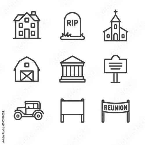 Historic Landmark Icons. Outline icon set of historic family landmarks: ancestral home, cemetery headstone, old church, family