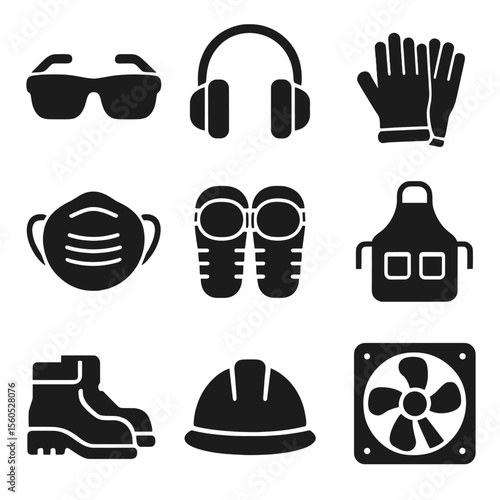 Carpentry Safety Icons. Solid, filled icon set of safety gear for carpentry: safety glasses, hearing protection, work gloves, dust