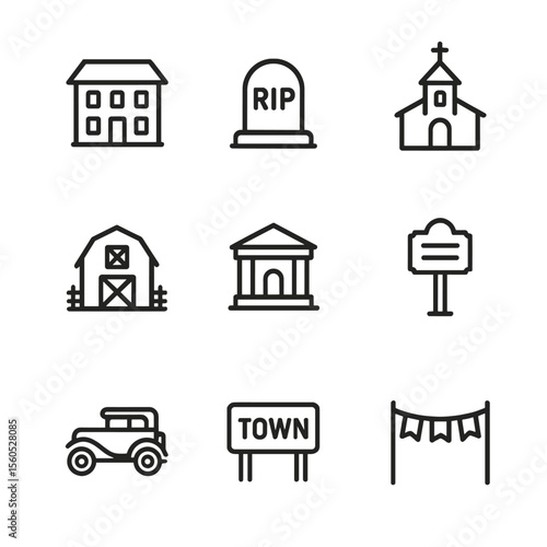 Historic Landmark Icons. Outline icon set of historic family landmarks: ancestral home, cemetery headstone, old church, family