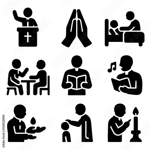 Clergy Role Icons. Solid, filled icon set of clergy duties and roles: sermon icon, prayer hands, visiting sick, counseling gesture