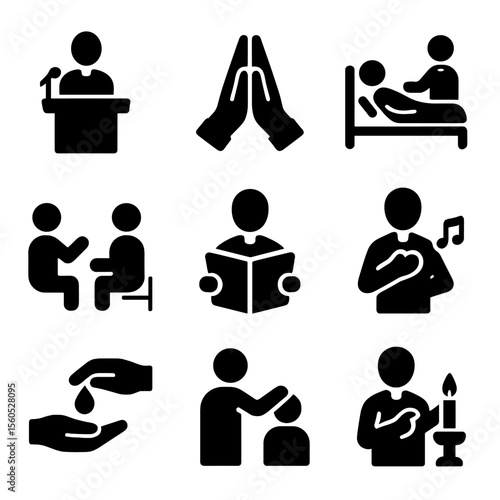 Clergy Role Icons. Solid, filled icon set of clergy duties and roles: sermon icon, prayer hands, visiting sick, counseling gesture