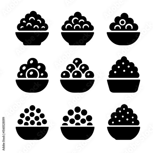 Caviar Icon Grid. Solid, Filled icon set of caviar varieties: beluga, osetra, sevruga, salmon roe, trout roe, whitefish roe,