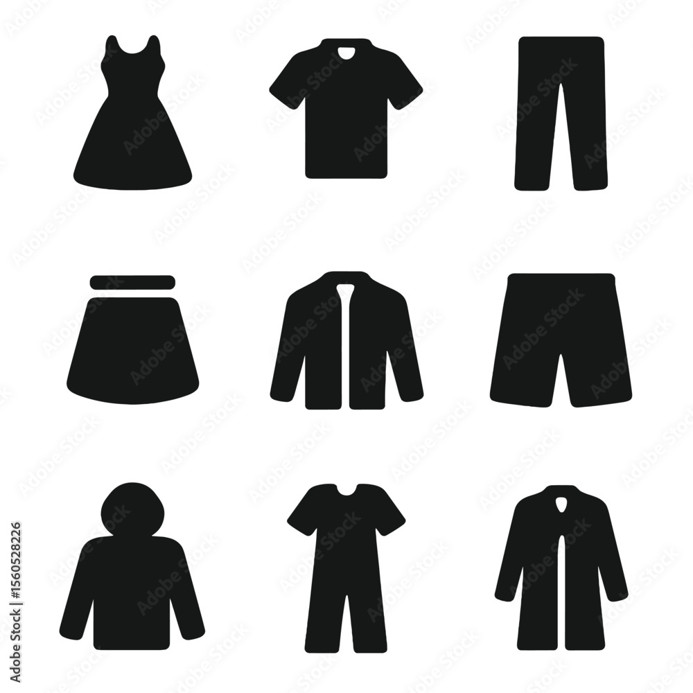 Clothing Icons Grid. Solid, filled icon set of clothing categories: dress, shirt, trousers, skirt, jacket, shorts, hoodie, Clothing Icons Grid. Solid, filled icon set of clothing categories: dress, shirt, trousers, skirt, jacket, shorts, hoodie,