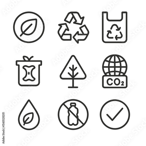 Eco-Friendly Icon Set. Outline icon set of eco-friendly packaging labels: leaf badge, recycle arrows loop, biodegradable bag,