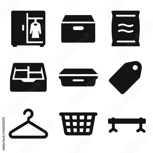 Clothing Storage Icons. Solid, filled icon set of clothing storage solutions: wardrobe, shelf box, vacuum bag, drawer organizer,