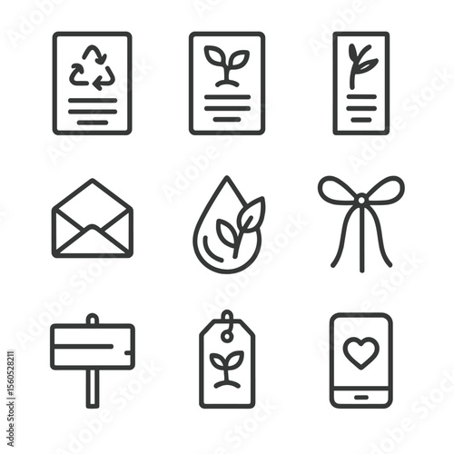Eco-Friendly Stationery Icons. Outline icon set of eco-friendly stationery: recycled paper invitation, seed paper RSVP, bamboo