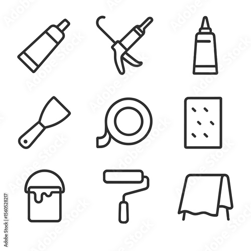 Home Improvement Icons. Outline icon set of home improvement adhesives: glue tube, caulking gun, sealant tube, putty knife,