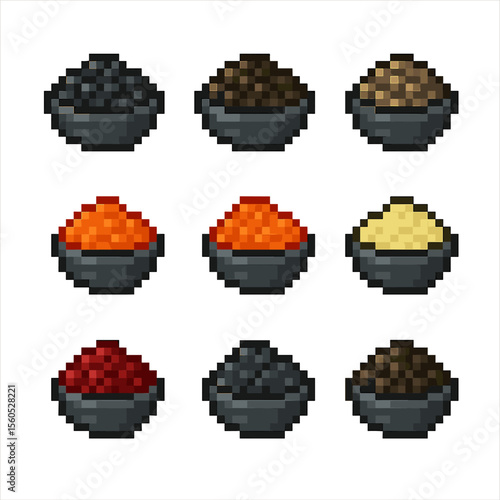Caviar Pixel Art. Pixel art icon set of caviar varieties: beluga, osetra, sevruga, salmon roe, trout roe, whitefish roe, lumpfish