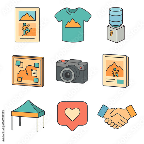 Climbing Community Icons. Isometric Flat icon set of climbing community socials: meetup flyer, branded t-shirt, water cooler,