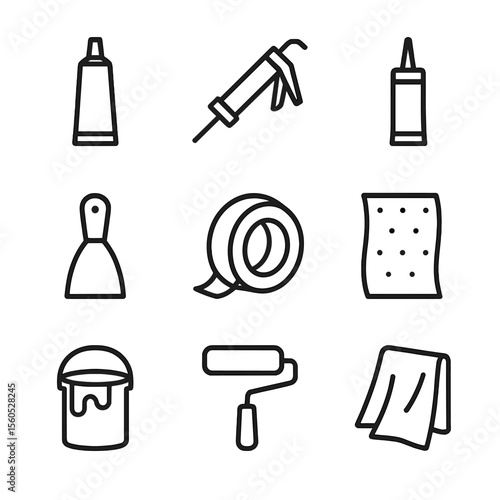Home Improvement Icons. Outline icon set of home improvement adhesives: glue tube, caulking gun, sealant tube, putty knife,