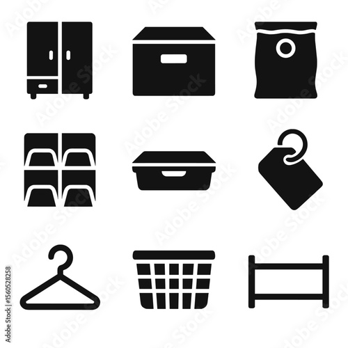 Clothing Storage Icons. Solid, filled icon set of clothing storage solutions: wardrobe, shelf box, vacuum bag, drawer organizer,