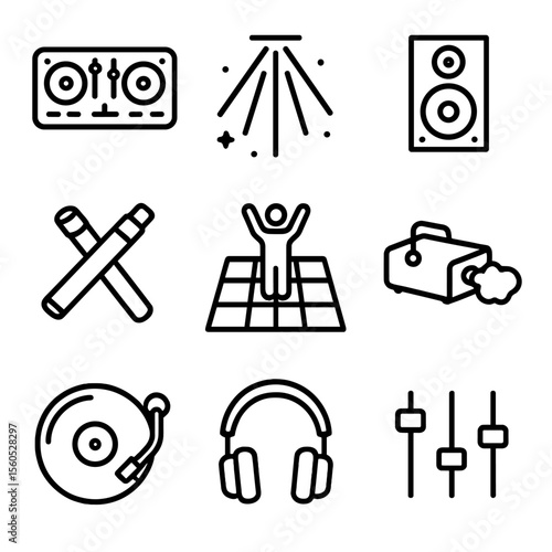 Electronic Festival Icons. Outline icon set of electronic dance festival vibes: DJ console, laser beams, speaker stack, glow