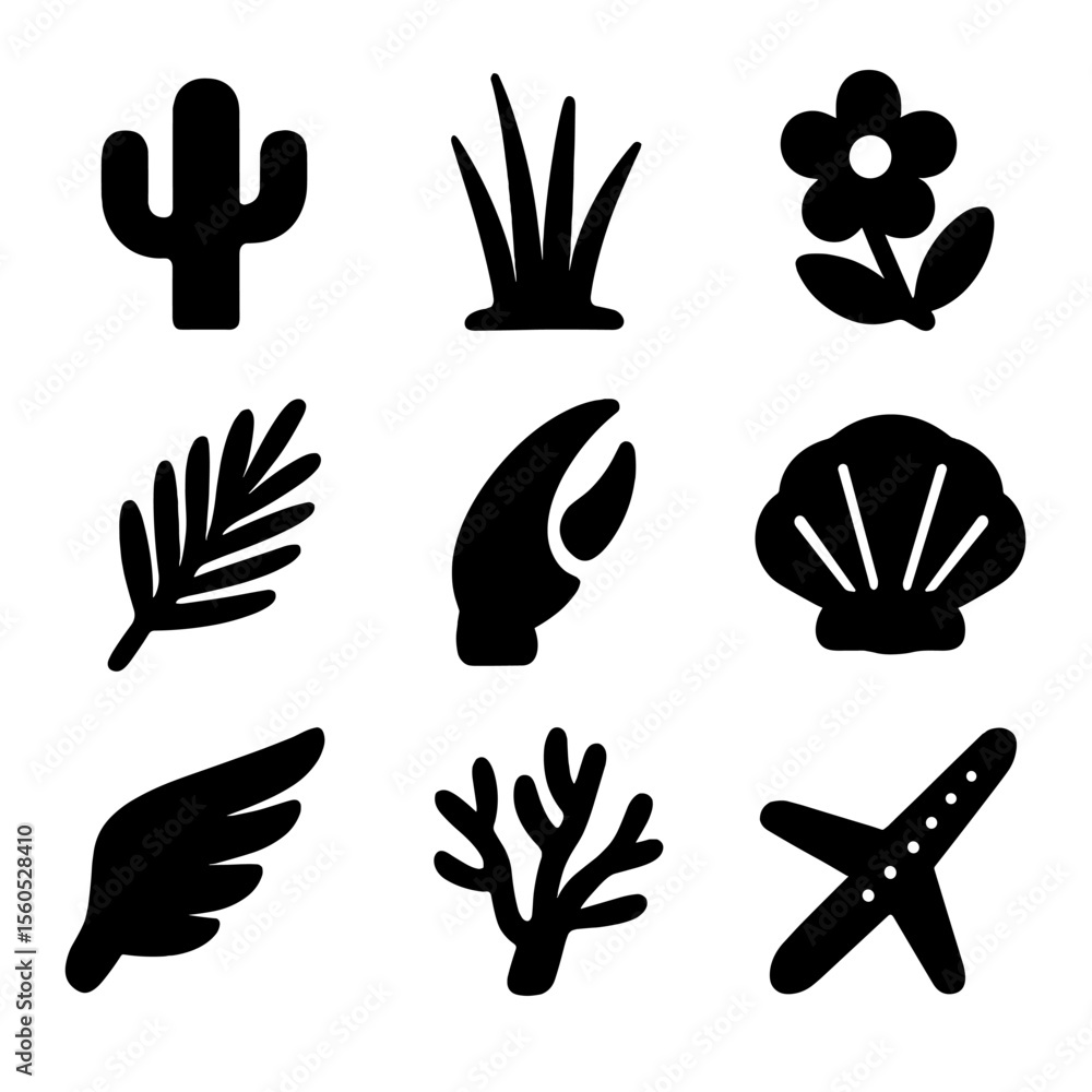 Fototapeta premium Coastal Flora and Fauna. Solid, filled icon set of coastal flora and fauna: cactus, dune grass, beach flower, palm frond, crab