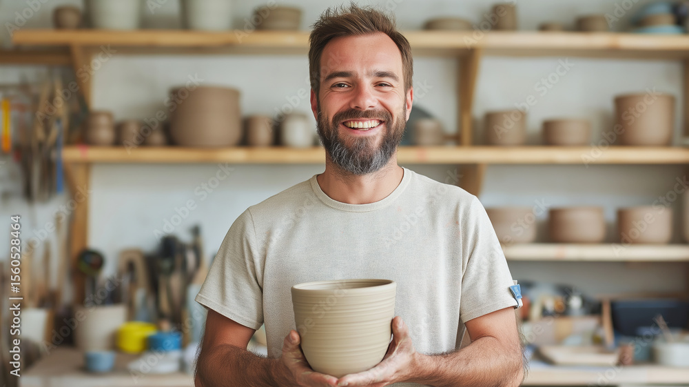 Passionate artisan joyfully presenting handcrafted pottery in cozy ceramics studio Passionate artisan joyfully presenting handcrafted pottery in cozy ceramics studio