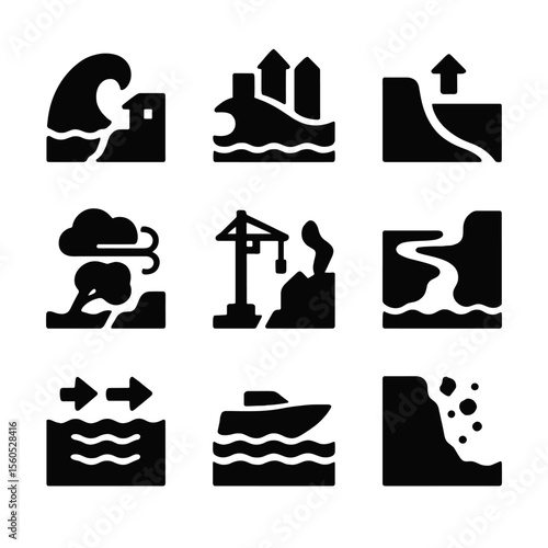 Coastal Erosion Icons. Solid, filled icon set of coastal erosion causes: wave impact, storm surge, rising sea level, wind erosion,
