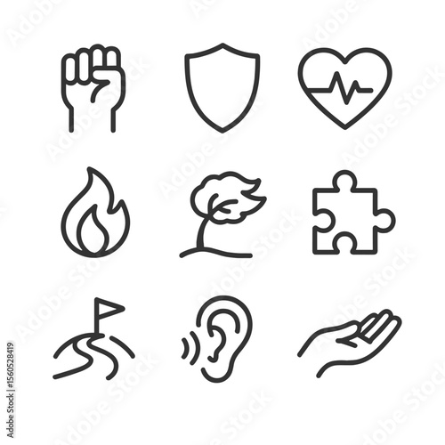Emotional Endurance Icons. Outline icon set of emotional endurance: clenched fist, protective shield, heart pulse, resilient flame