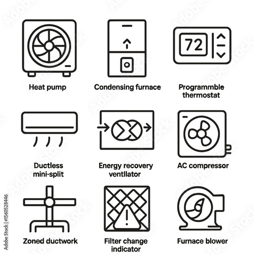 HVAC System Icons. Outline icon set of high-efficiency HVAC systems: heat pump unit, condensing furnace, programmable thermostat,