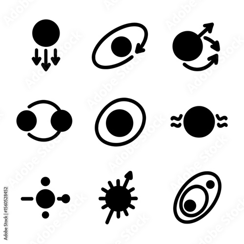 Celestial Mechanics Icons. Solid, filled icon set of celestial mechanics: gravitational pull, orbital path, perihelion, aphelion,
