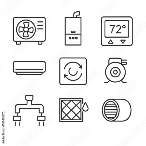 HVAC System Icons. Outline icon set of high-efficiency HVAC systems: heat pump unit, condensing furnace, programmable thermostat,
