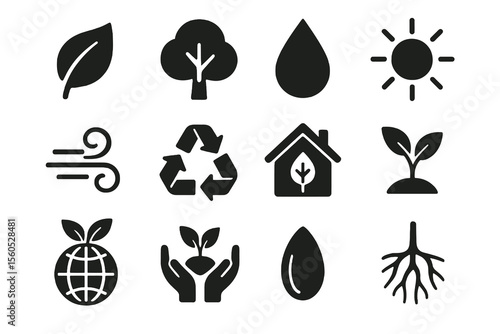 Black set of 12 environment icons. Minimal vector for nature and eco-friendly design.