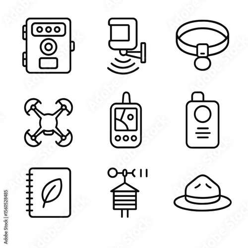 Endangered Species Monitoring Icons. Outline icon set of endangered species field monitoring: camera trap, motion sensor, collar