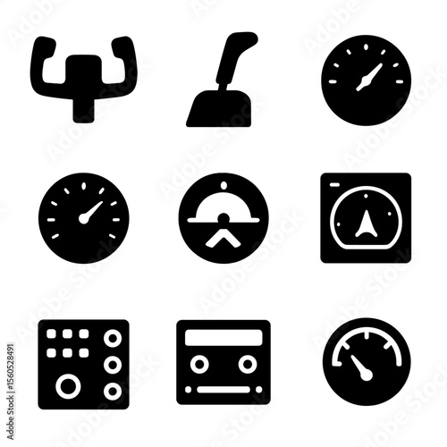 Cockpit Controls Icons. Solid, filled icon set of pilot cockpit controls: yoke, throttle lever, altimeter, airspeed indicator,