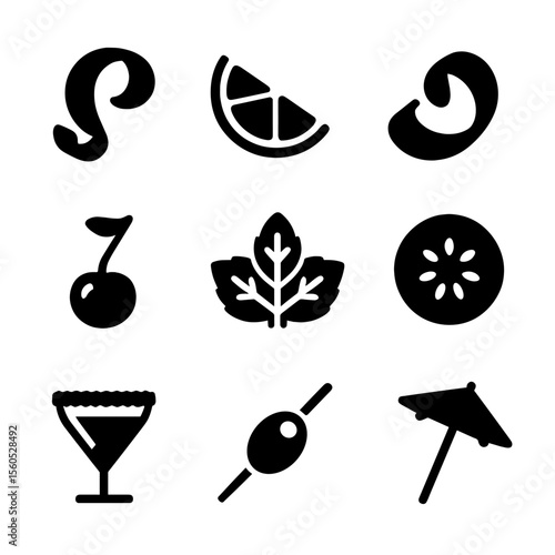 Cocktail Garnish Icons. Solid, filled icon set of cocktail garnishes: lemon twist, lime wedge, orange peel, cherry, mint sprig,