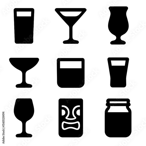 Cocktail Glass Icons. Solid, filled icon set of cocktail glass types: highball glass, martini glass, hurricane glass, coupe glass,