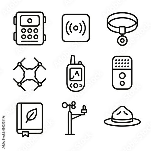 Endangered Species Monitoring Icons. Outline icon set of endangered species field monitoring: camera trap, motion sensor, collar