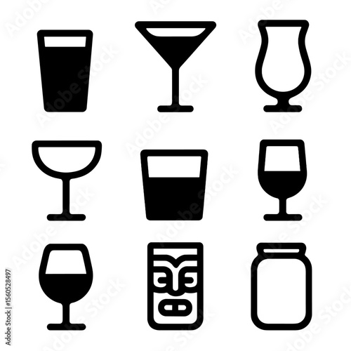 Cocktail Glass Icons. Solid, filled icon set of cocktail glass types: highball glass, martini glass, hurricane glass, coupe glass,
