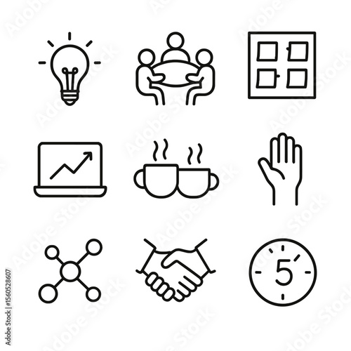 Entrepreneurial Brainstorm Icons. Outline icon set of entrepreneurial campaign brainstorming: lightbulb idea, roundtable