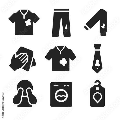 Coffee Spill Icons. Solid, filled icon set of coffee spill on clothing: shirt stain, pants drip, sleeve splash, wiping with napkin