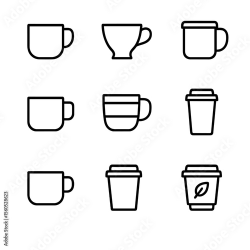 Coffee Mug Icons. Outline icon set of Coffee Mug Materials: porcelain mug, bone china cup, stoneware mug, clay mug, bamboo fiber