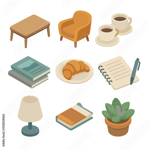 Coffeehouse Icons Set. Isometric Flat icon set of informal coffeehouse group discussions: coffee table, armchairs, coffee cups,