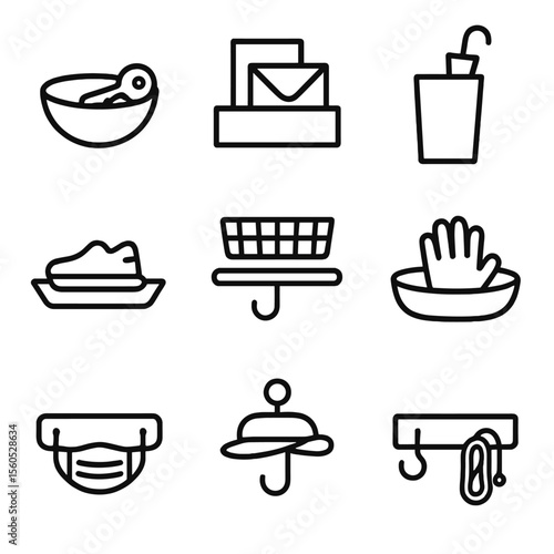 Entryway Storage Icon Set. Outline icon set of entryway catch-all storage: key bowl, mail sorter tray, umbrella stand, shoe rack