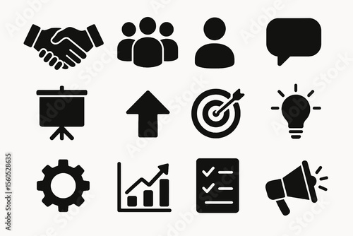 Black set of 12 corporate icons. Minimal vector for goals, success, and collaboration.