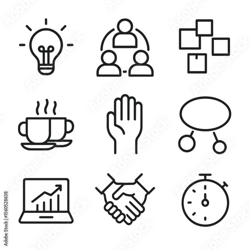 Entrepreneurial Brainstorm Icons. Outline icon set of entrepreneurial campaign brainstorming: lightbulb idea, roundtable