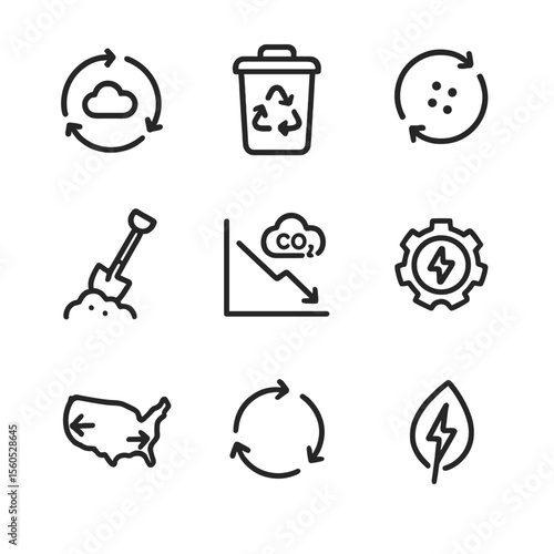 Environmental Icon Set. Outline icon set of environmental benefits: carbon cycle diagram, landfill diversion bin, nutrient